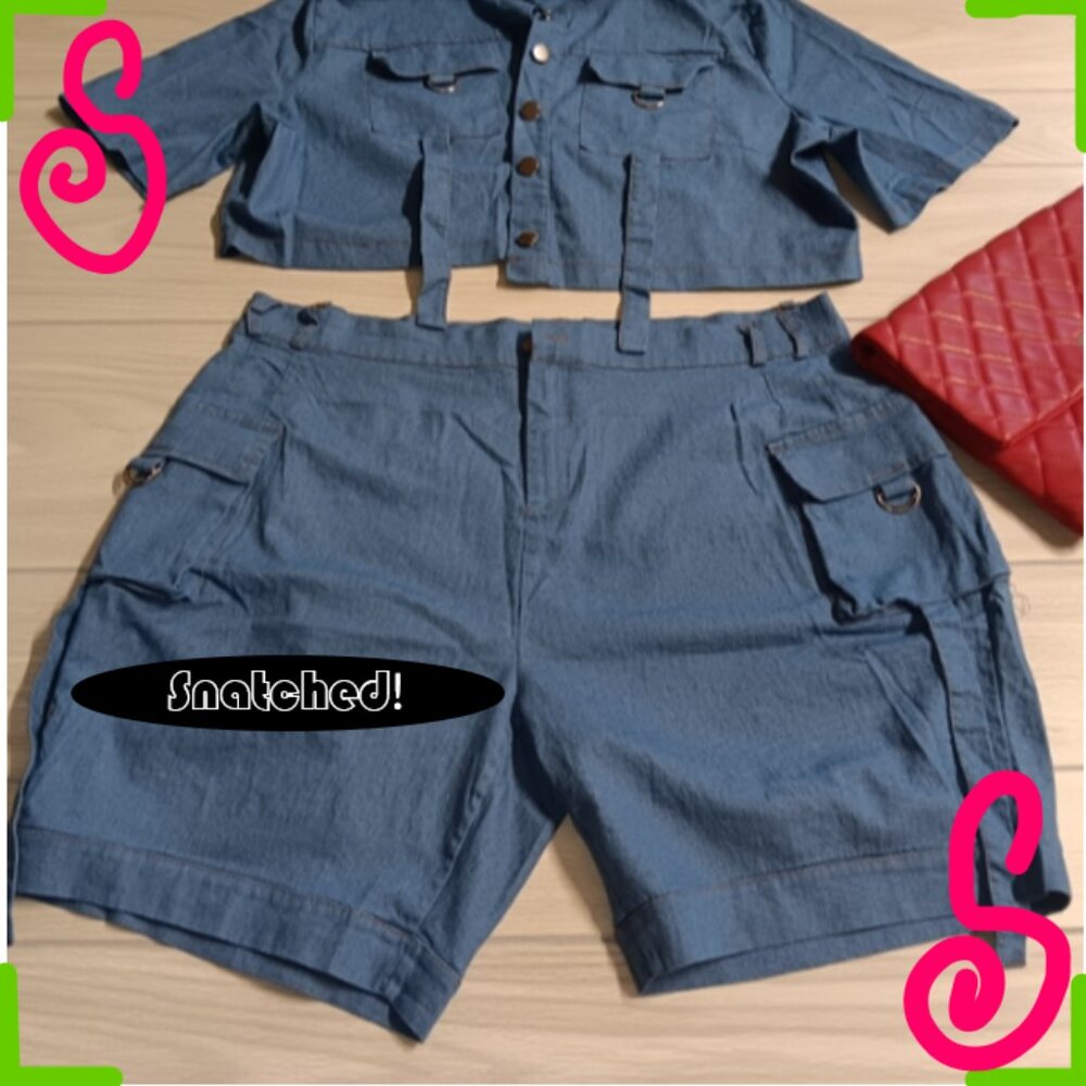 Casual Pocket Stretch Denim Plus Size Short Sleeve Crop Top Shorts Two-Piece
